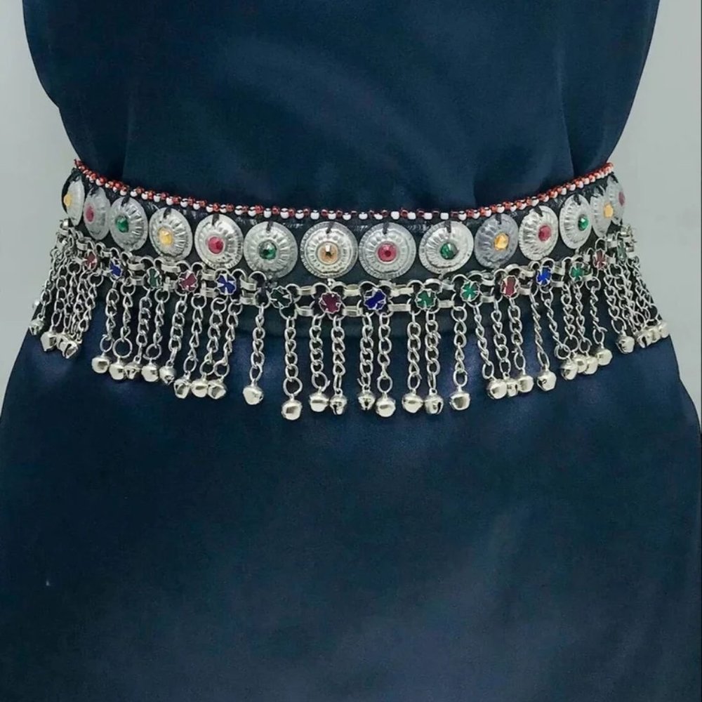 Handmade Kuchi Belly Dance Belt: Tribal Coins, Bells, Multicolor Stones